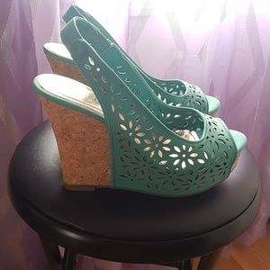 5" Teal Cork Wedge High Heels w/ Flower Cut Outs